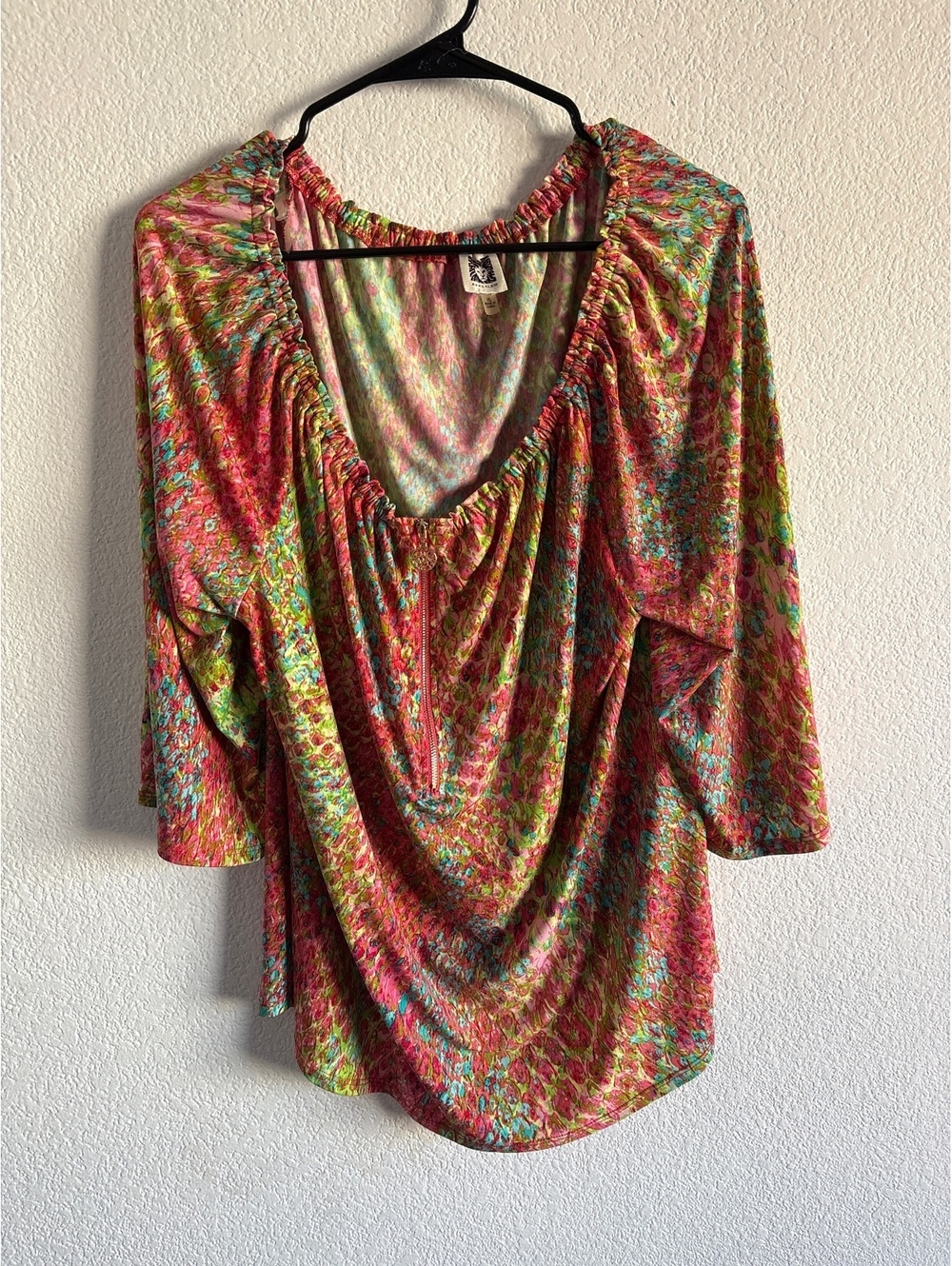 Anne Klein Women's XL Multicolor Floral Stretch Polyester Blouse with Zip Detail